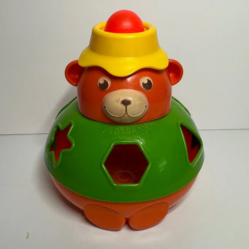 Vintage Playskool Bear Shape Sorter Wobble Toy Roly Poly 4‎ Shapes Squeaks